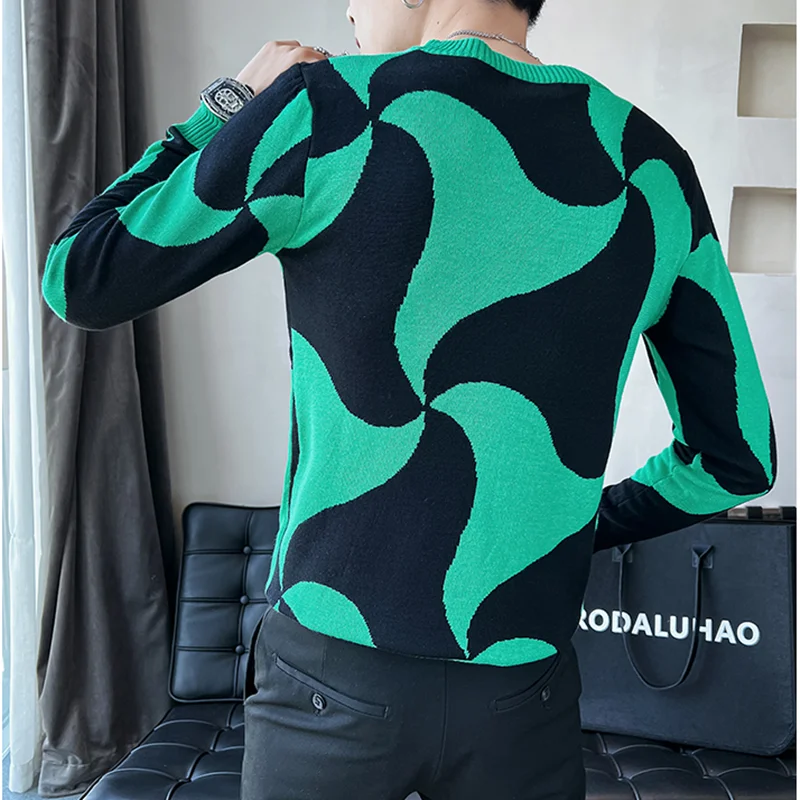 2022 Autumn Winter Stretch Jacquard Woven Crew Neck Sweater For Men Clothing High Quality Long Sleeve Slim Fit Knitted Pullovers