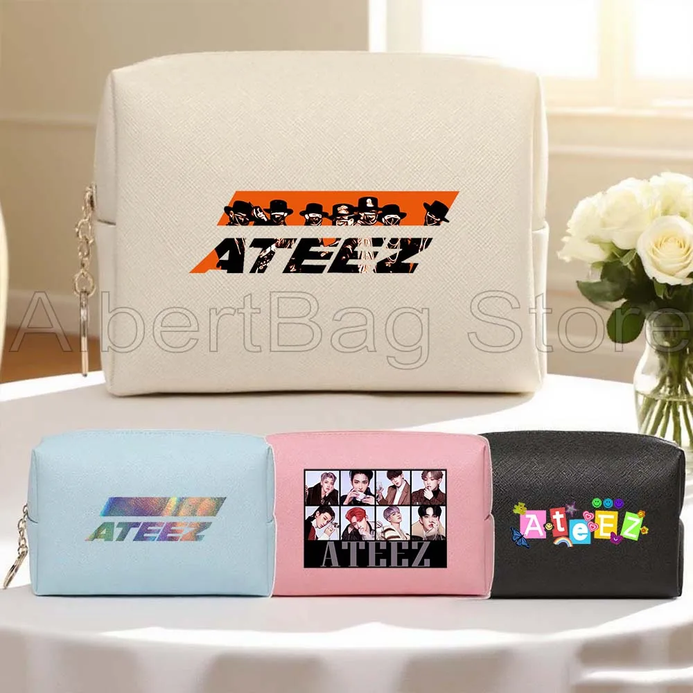

RETRO ATEEZ Members KPOP San Mingi Yunho Seonghwa Cute Group PU Leather Travel Cosmetic Bags Women Makeup Waterproof Storage Bag