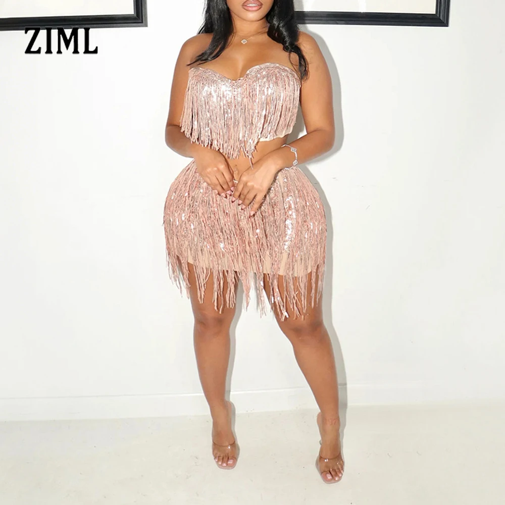 ZIML الصلبة مثير شرابة قطعتين مجموعات للنساء ساحة طوق أكمام أعلى تنورة عالية الخصر الصيف حزب مجموعة الإناث الموضة