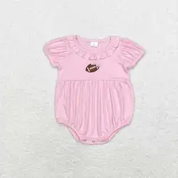 RTS Infant Boutique Wholesale Clothing Baby Girls Fall Football Embroidery Short Sleeve Pink Rompers Holiday Team Sleepers