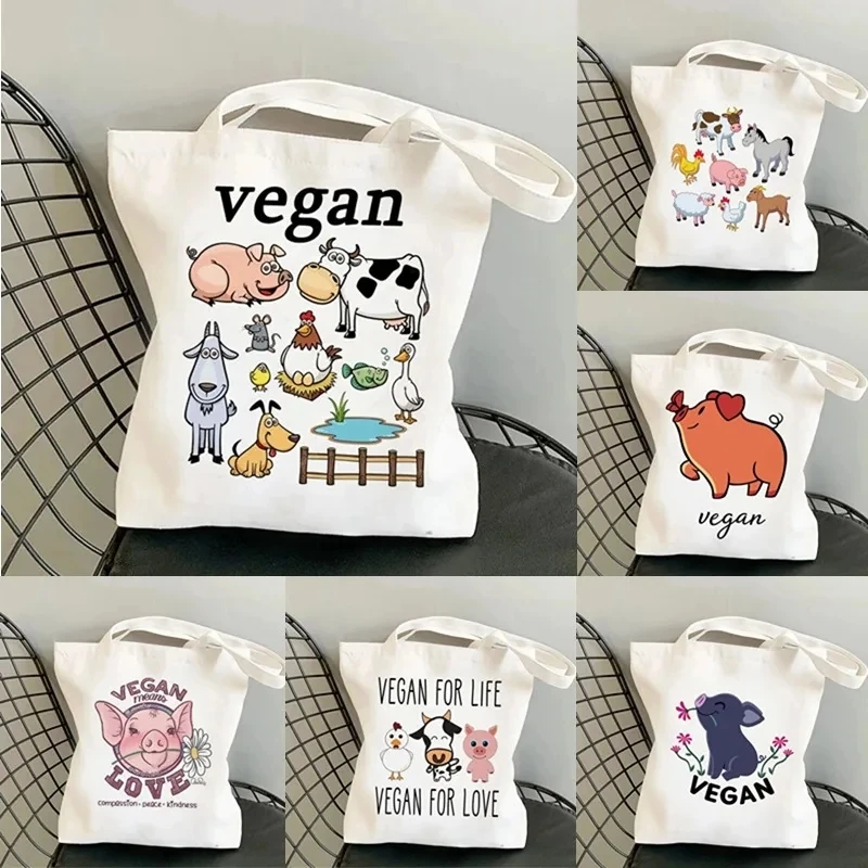 

Simple Animal Printing Cute Shoulder Bag Canvas Eco-friendly Large Capacity Portable Shopping Bag Pig Cow Tote Aesthetic Decor