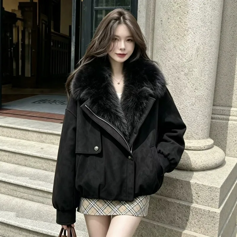A New Cross-border European American Style Short Fox-like Large-necked Warm Coat Deerskin Fleece Cotton-padded Jacket for Women