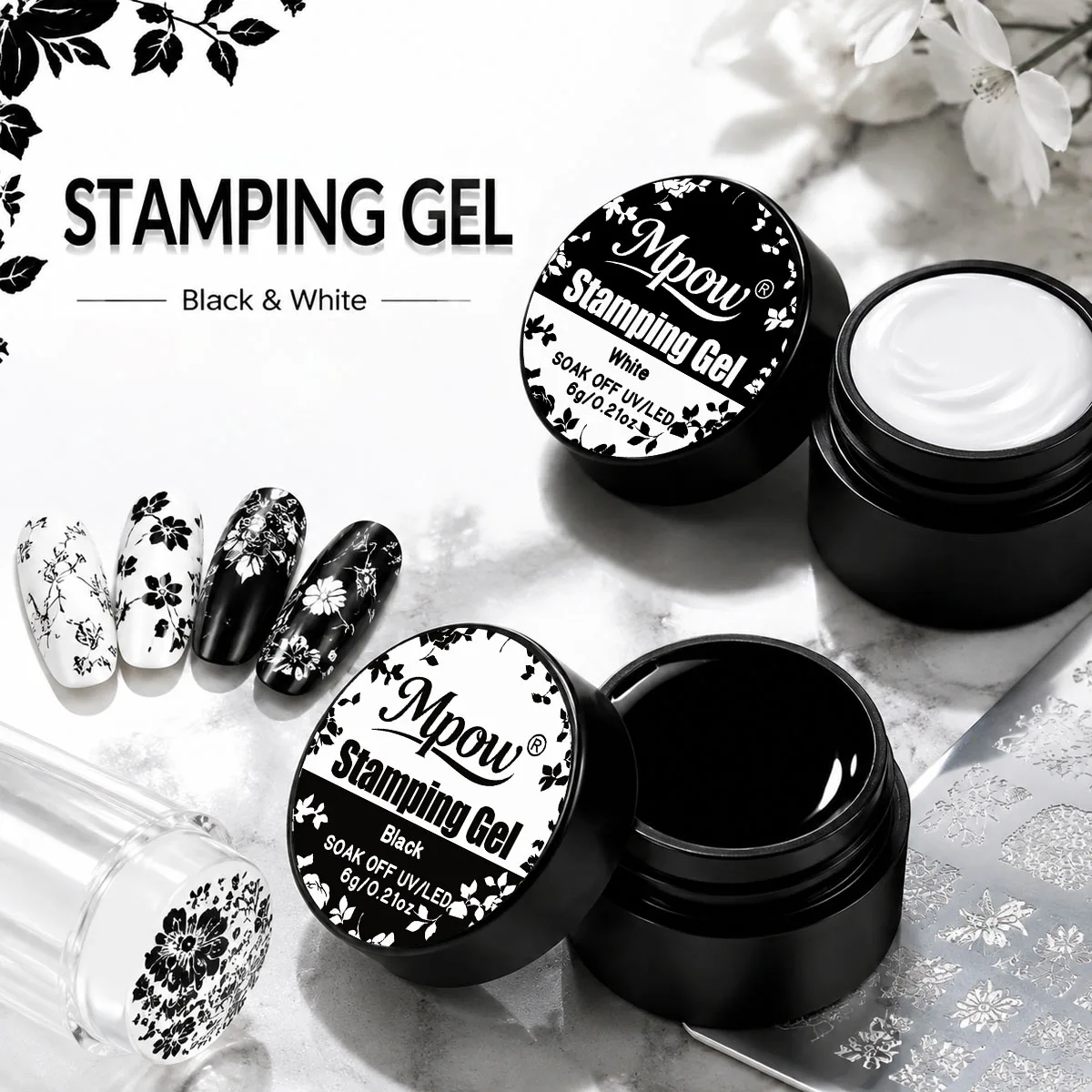 Mpow 6g Black White Stamping Gel Polish With Brush Transfer Nail Art for Plate DIY Semi Permanent Soak Off UV LED Manicure Tool