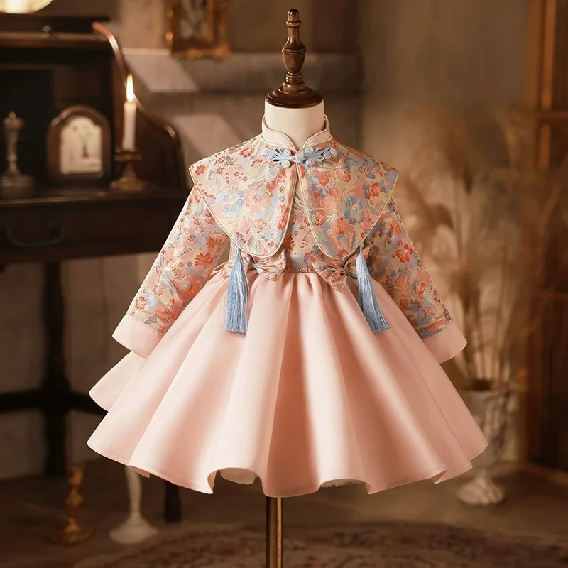 

2025 spring and autumn girls's new chinese style zhuzhou pink embroidery dress