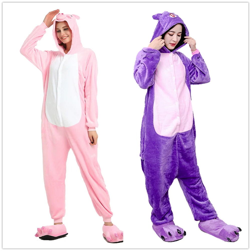 

Women Cute Cartoon Animal Pig Cat Frog Onesies Sleepwear Flannel Hooded One-piece Pajamas Adult Kids Homewear Jumpsuit Nightgown