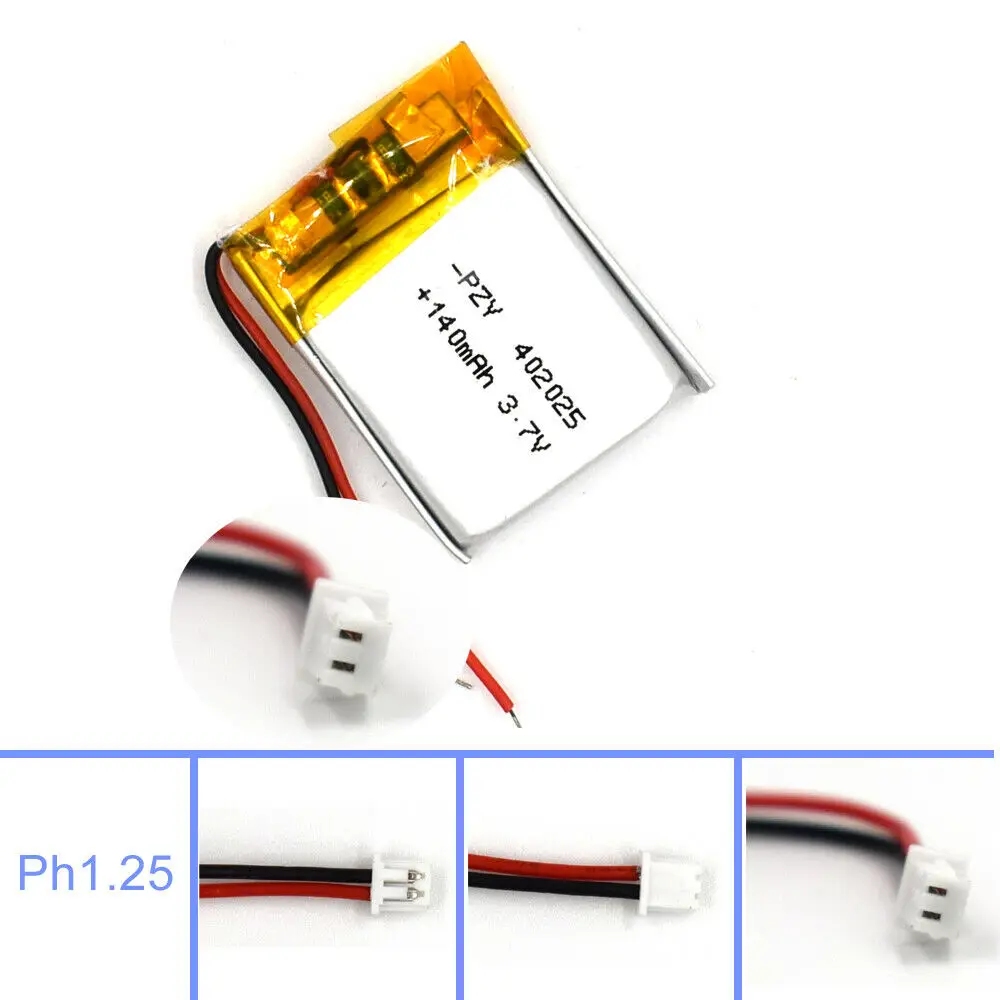 3.7V 140mAh Lipolymer 402025 Battery Rechargeable with 2Pin JST Plug Cell for Lamp Led Camera GPS Recorder Reader