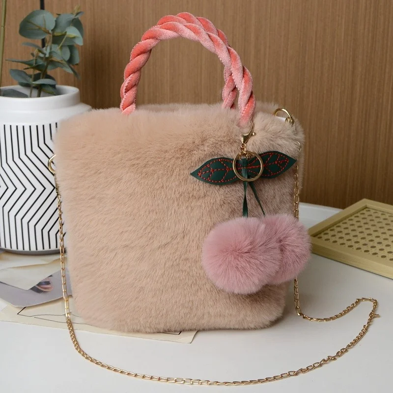 Faux Fur Crossbody Bags for Women Plush Small Purses and Handbag with Pompom Cherry Fluffy String Shoulder Bag Girl Clutch Purse