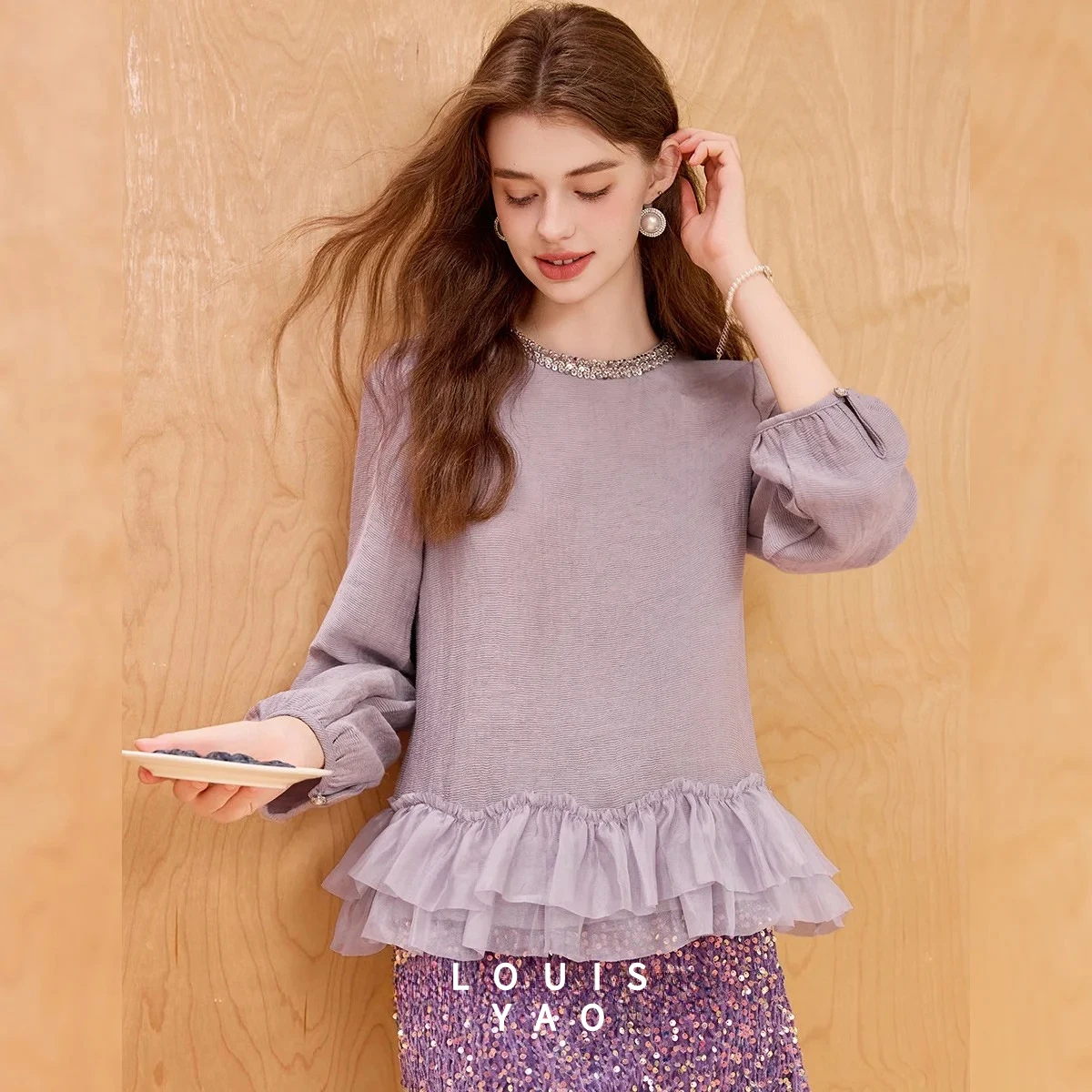 LOUISYAO Patchwork Pleated Lace Women's Shirt 2025 Autumn New Blouses Round Neck Pullover Long Sleeve Blouses Elegant Top
