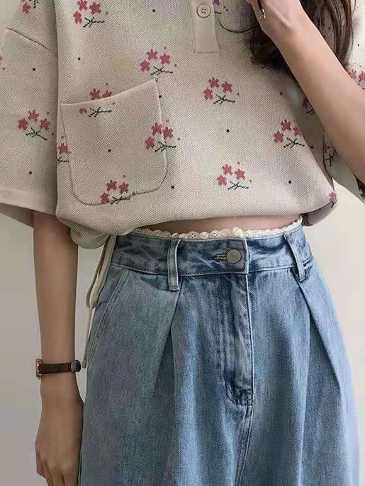 Summer Blue Lace Sweet Jeans Women Slim High Waist Casual College Style Jeans Button Korean Fashion Elegant Trousers 2023 New