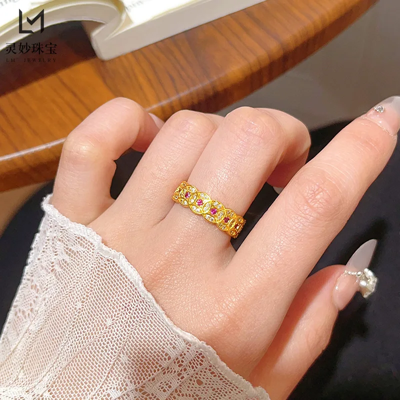 9999 24K الذهب الحقيقي مجوهرات فاخرة الماس الأحمر عملة خاتم المال Duoduo النحاس عملة افتتاح حلقة موضة هدية لصديقة #2