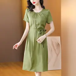 High-end Hangzhou Real Dress Women's Summer New Temperament Mother's Over-the-knee Waist Slimming Skirt