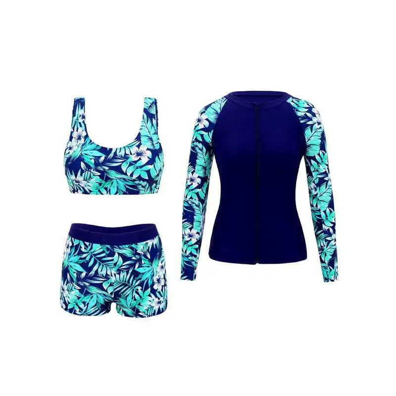JEWELRY SEN Women 3‑Piece Rash Guard Swimsuit Tropical Floral Print Long Sleeve Zip‑Up Jacket Tankini Shorts Surf Swimwear