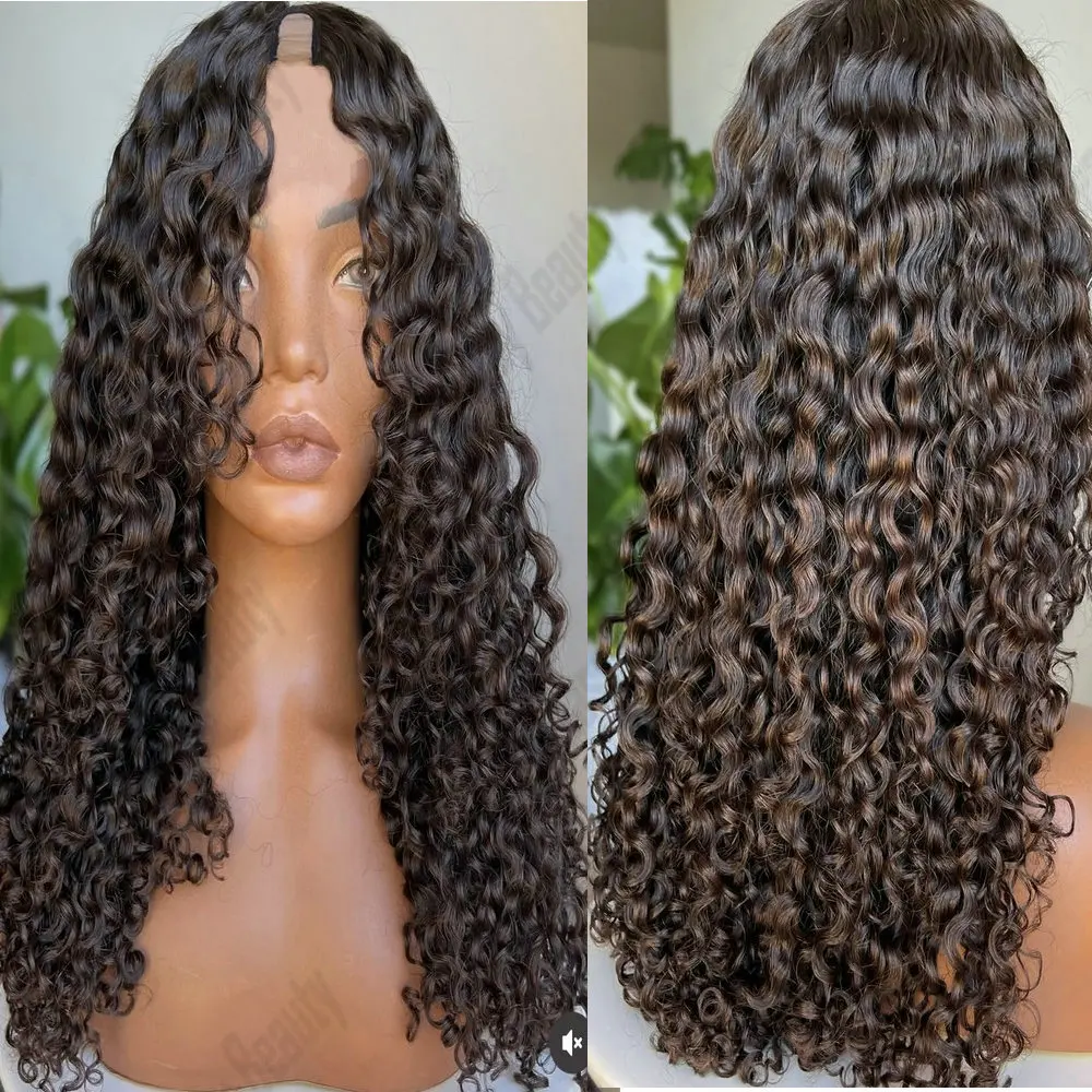 Glueless Deep Curly Dark Brown Natural Human Hair 1x4 Middle U Part Wigs Adjustable Easy Daily Wear Full Machine Made With Clips