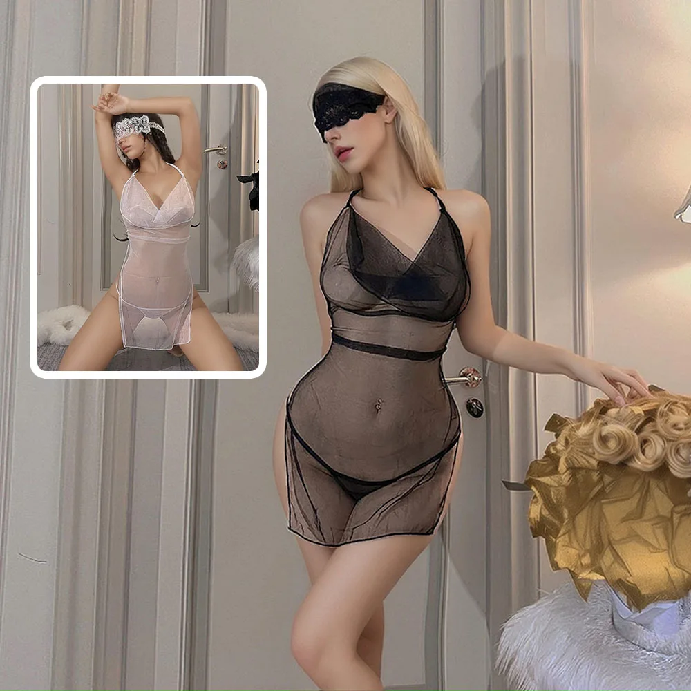 

Sexy Lingerie Mesh See Through Night Dress with Eyes Mask Suit Exotic Pajamas Underwear Passion Bed Sleep Wear Nightwear Women