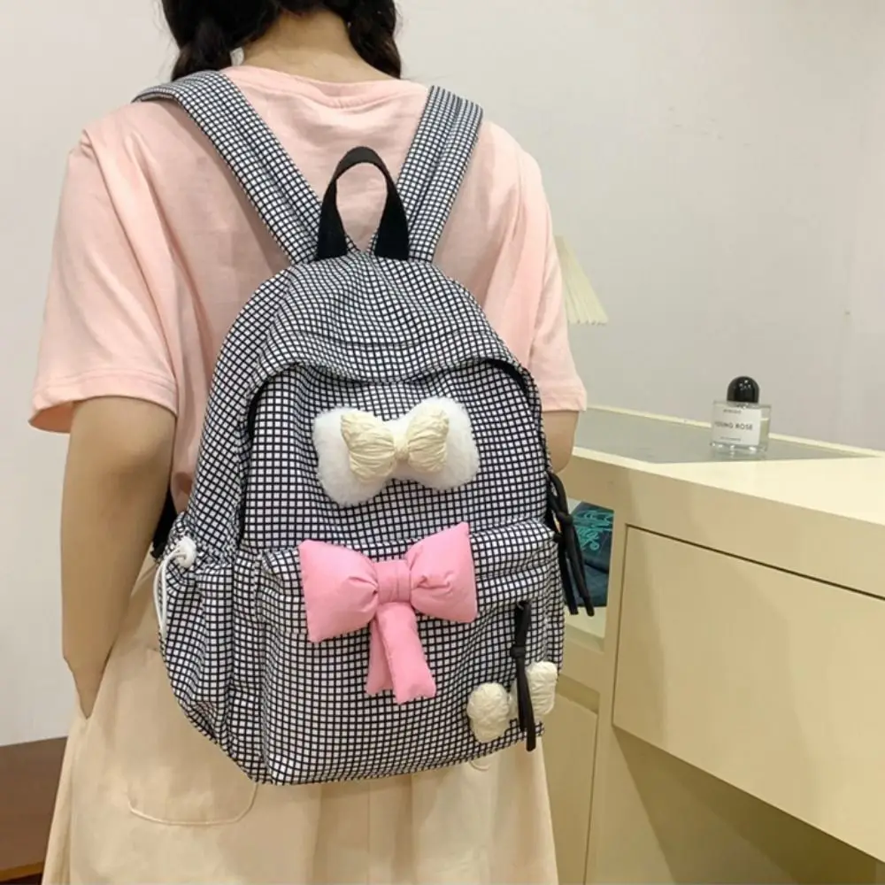 Large Capacity Cute Bowknot Backpack Lattice Korean Style Nylon Student School Bag Solid Color Lightweight