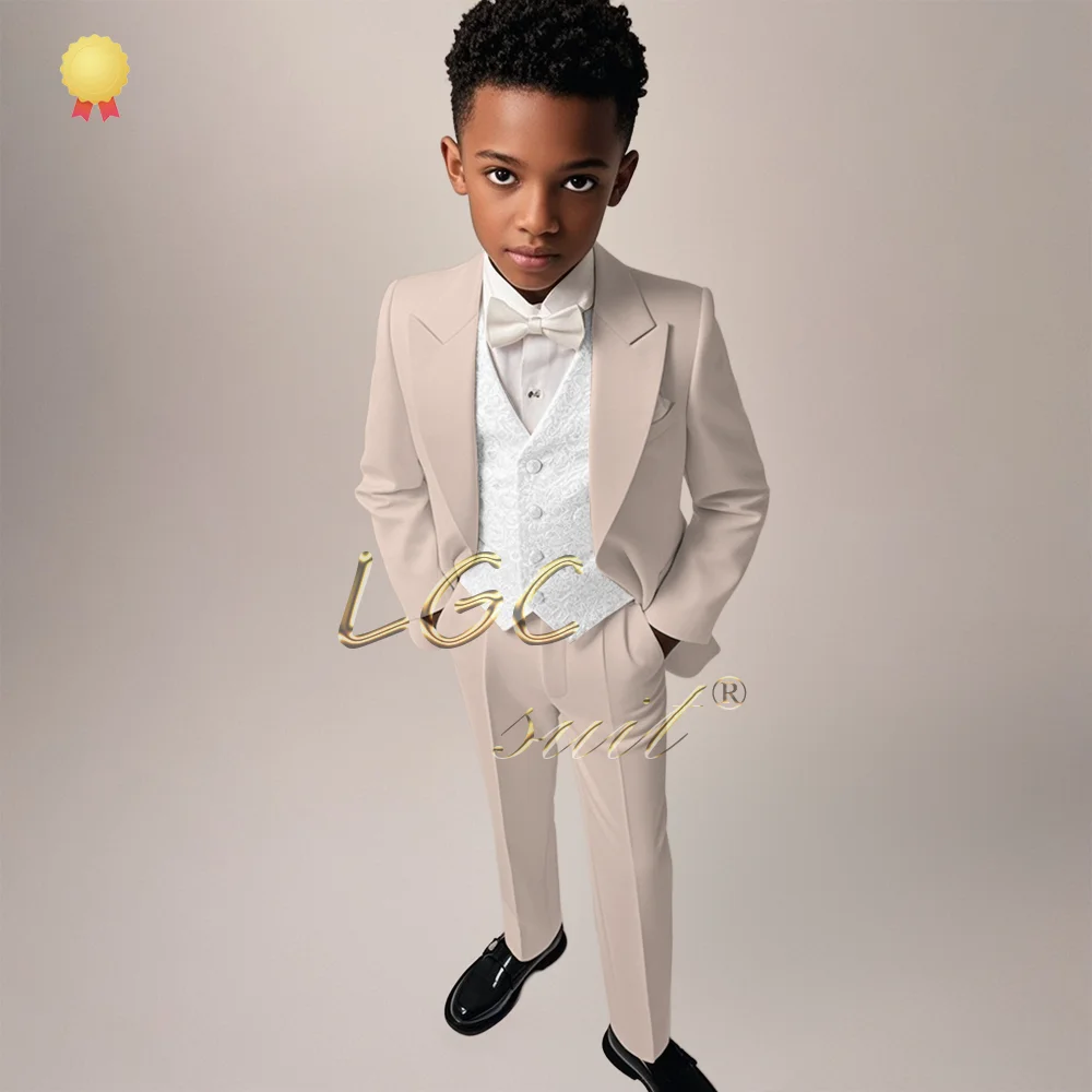 

Boys 3-Piece Suit Set - Peak Lapel Blazer, White Embroidered Vest & Pants for School Concerts/Wedding/Party