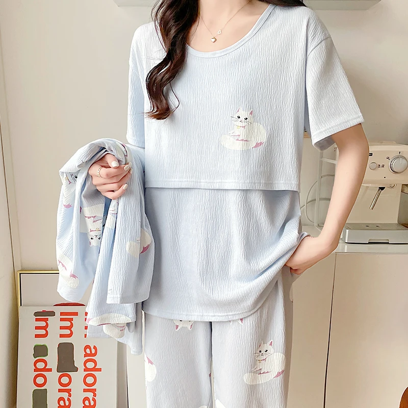 Cotton Maternity Nursing Sleepwear Sets 3PCS Spring Autumn Pajamas Clothes for Pregnant Women Pregnancy Home Hospital Sleep Wear