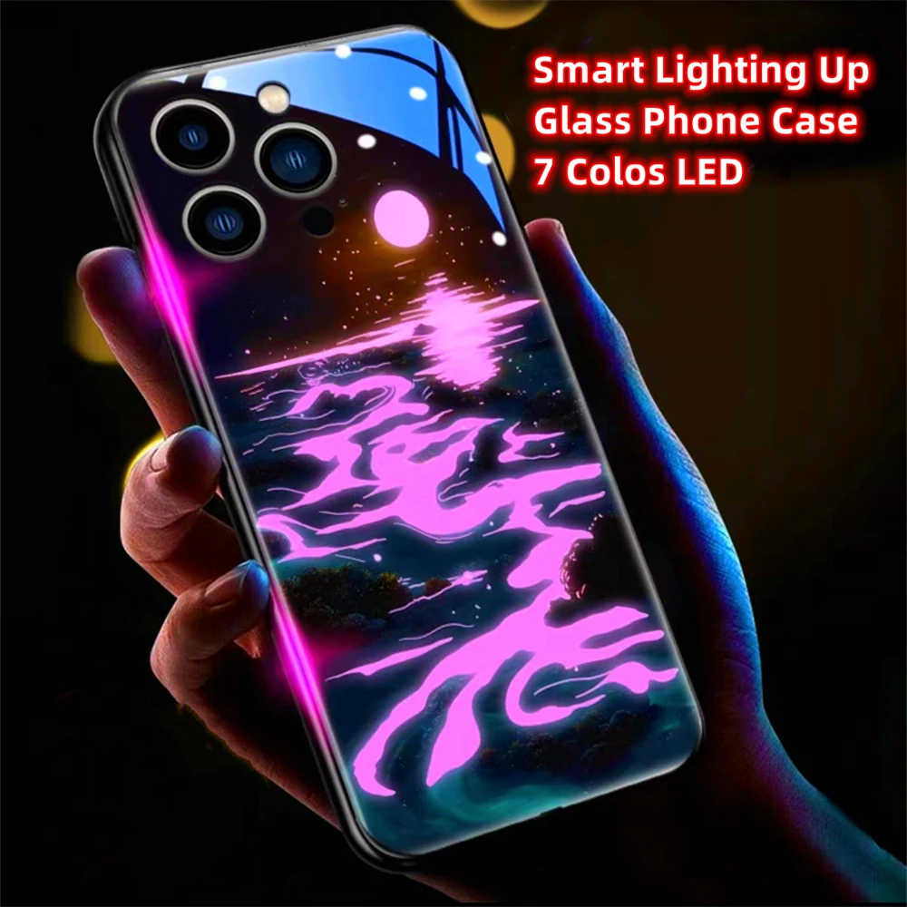 Fluorescent Lunar Sea Design Smart LED Light Glow Tempered Glass Phone Case For iPhone Air 17 16 15 14 13 12 11 Pro Max Plus view 6