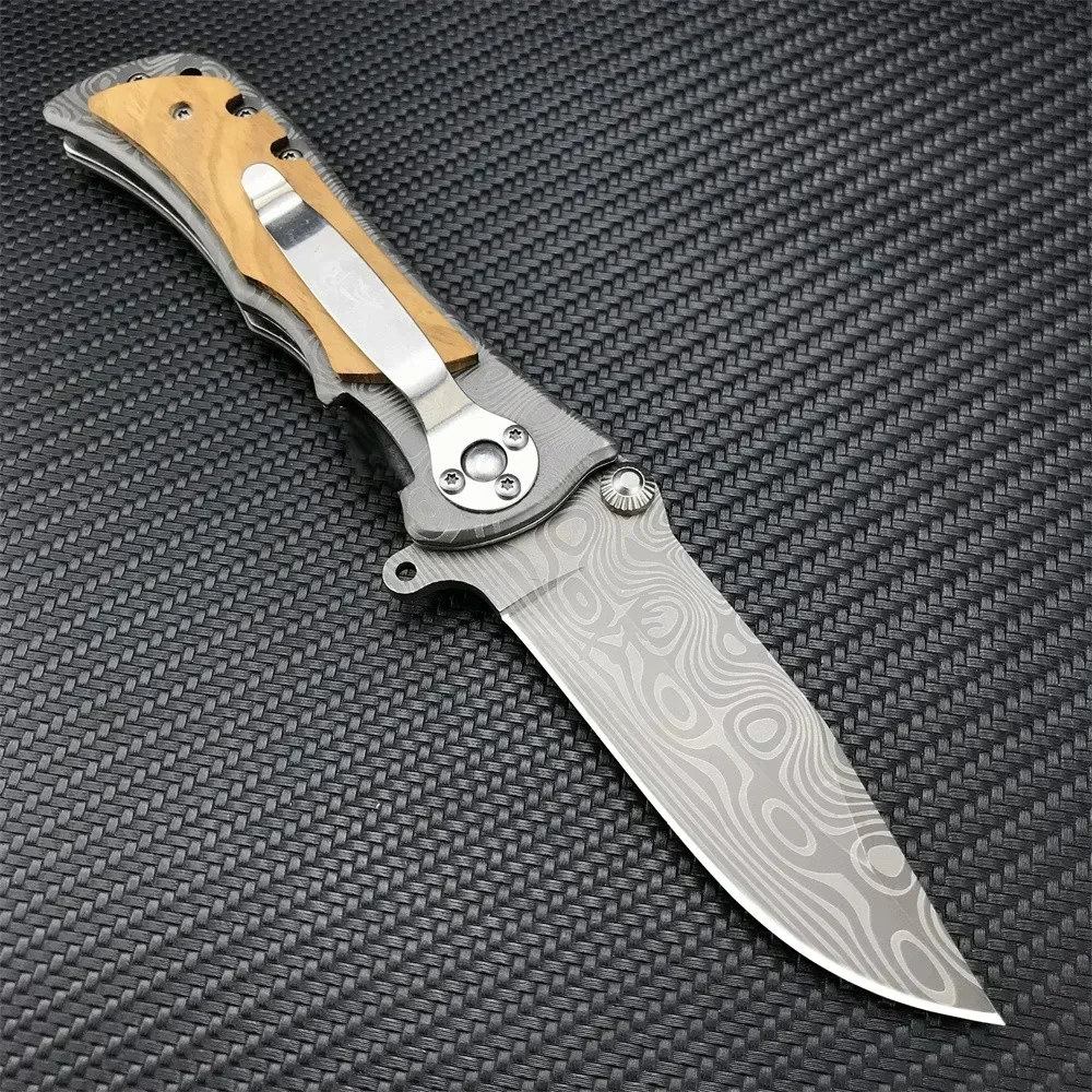 BN 339 Folding Knife Damascus Coating Blade Stainless Steel + Wood Handle Flipper Outdoor Camping Hunting Knives Pocket EDC Tool