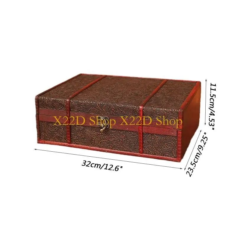 X22D Vintage Wooden Storage Box Desktop Decorative Treasure for Case with Lock for Key Gift Box for Books Jewelry Document Or