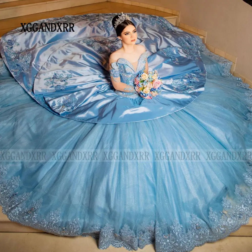 Vestido de quinceañera azul de lujo, traje de baile de capas con volantes, hombros descubiertos, fiesta de cumpleaños, 15, 16 años, 2024