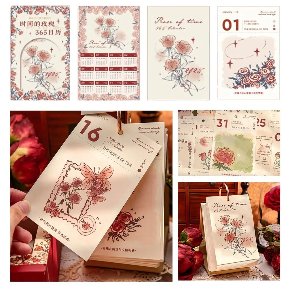 Vintage Rose Desk Calendar Thick Paper DIY Scrapbook Mini 2025 Desk Calendar 12-Month To Do List Standing Flip Calendar