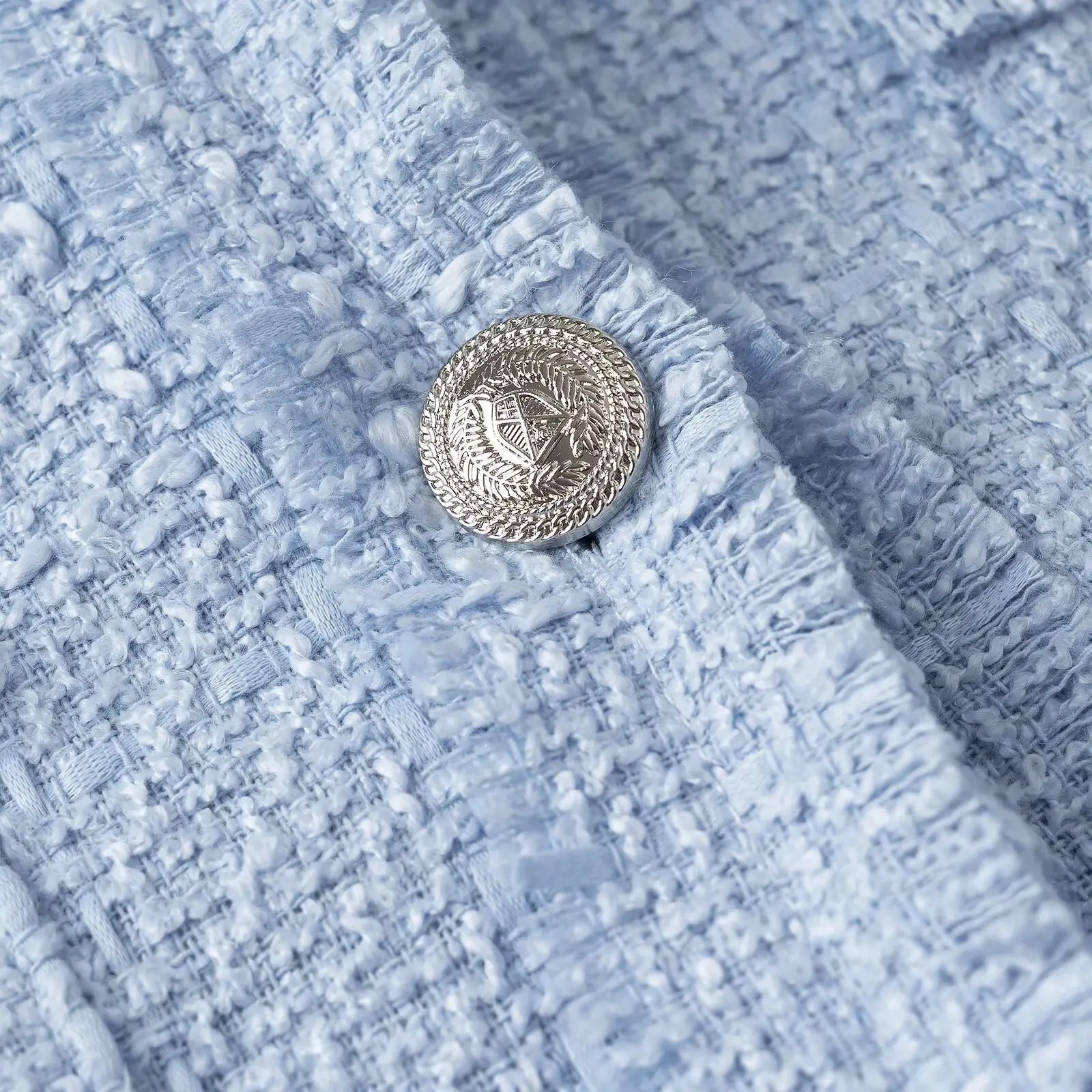 CHIC Autumn Women O Collar Light Blue Tweed Blazer Single-breasted Metal Buttons Hem Burr Suit Long Sleeve Short Coat Outwear