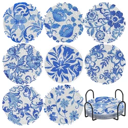 8pcs Blue Floral Diamond Painting Coaster With Holder 5D DIY Acrylic Diamond Coasters Decorative Coasters for Adults DIY Crafts