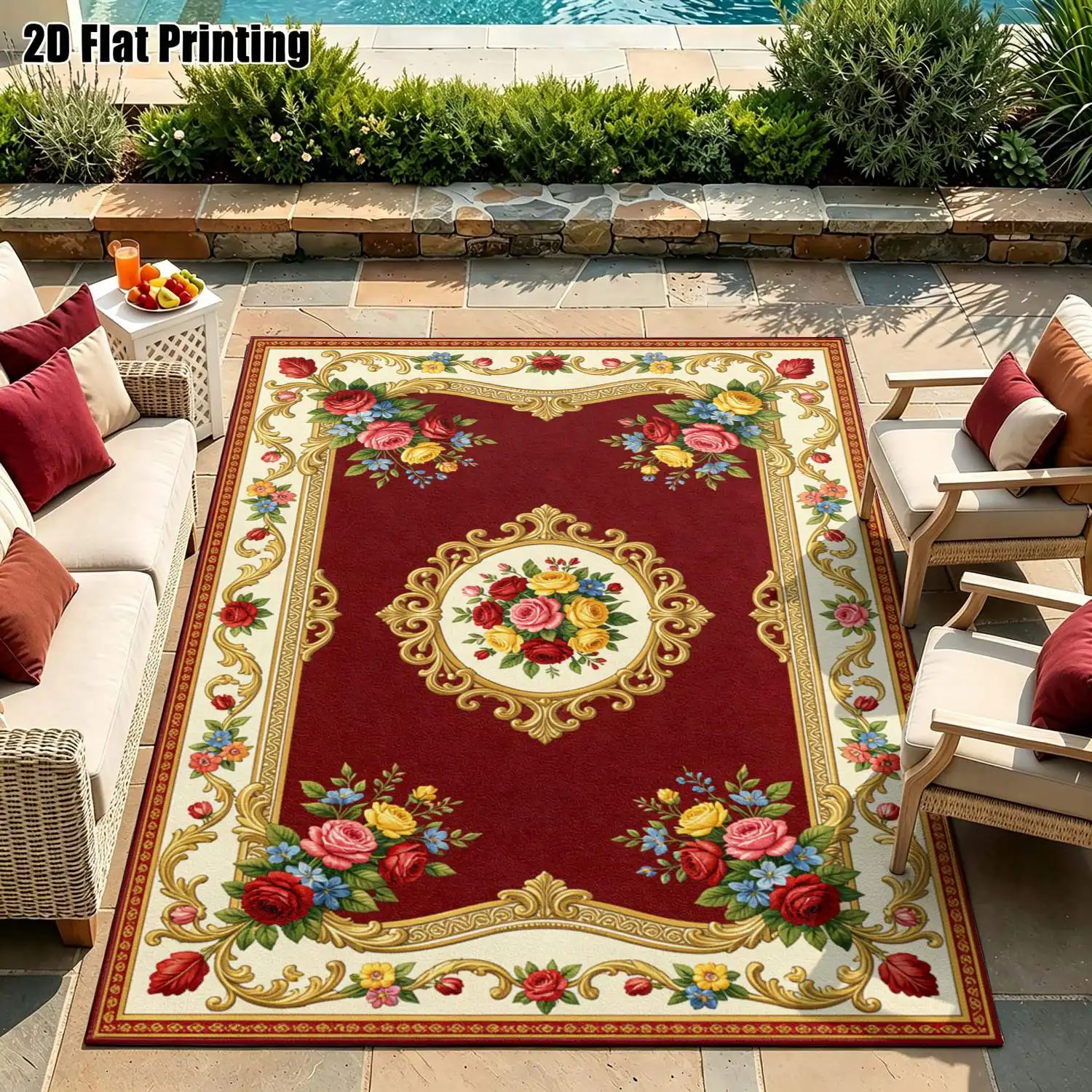 1Pc 2D Printed Carpet: Red-Bottom Floral, European Retro, Multi-Size Washable Rug for Home Decor, Multi-Scene Use