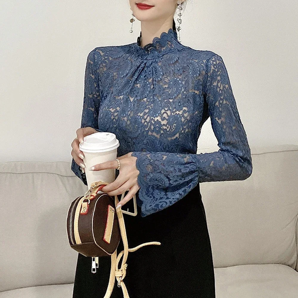 

Elegant Turtleneck Ruffles Hollow Out Lace Blouse Women Clothing Paisley Lace T Shirts Pullovers Flare Sleeve Office Lady Top