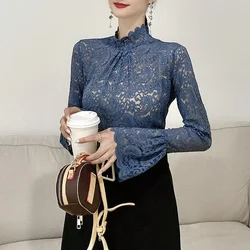 Elegant Turtleneck Ruffles Hollow Out Lace Blouse Women Clothing Paisley Lace T Shirts Pullovers Flare Sleeve Office Lady Top