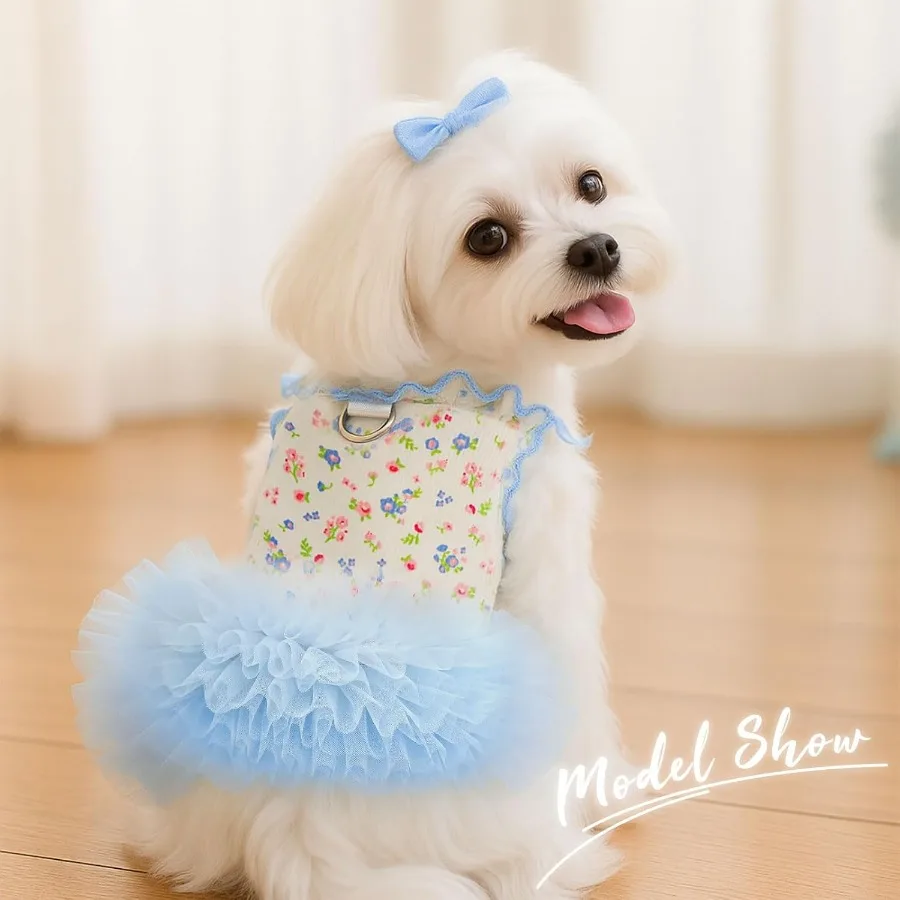 فستان على شكل كلب قطة مزين بالزهور مع توتو irt ملابس أليفة قابلة للتنفس قابلة للتمدد للكلاب الصغيرة والبنات والقطط والجراء وحفلات أعياد الميلاد BlueSm