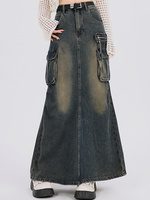 2024 Women Y2k High Waist Denim Ankle Length Cargo Skirts Girls Robe Cool Casual Wrap Dress Female Gray A Line Long Skirts Jeans