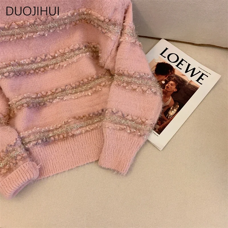 DUOJIHUI Pink Striped Sweet Soft Simple Sweater Women Pullovers Autumn New Knitting Basic O-neck Casual Fashion Female Pullovers