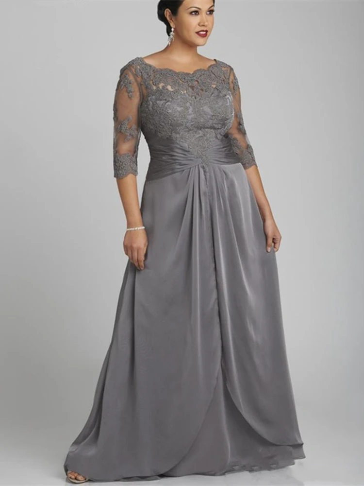 Plus Size Grey Lace Moeder Van De Bruid Jurk Halve Mouwen Hals Vloer Lengte Dames Avondjurken Moeder Van bruidegom Formele