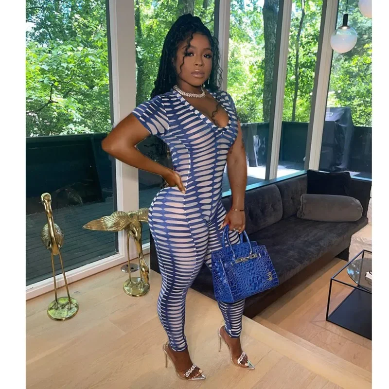 

GUWU сексуальный прозрачный сетчатый комбинезон с v-образным вырезом и принтом, женские комбинезоны для вечеринок в ночном клубе