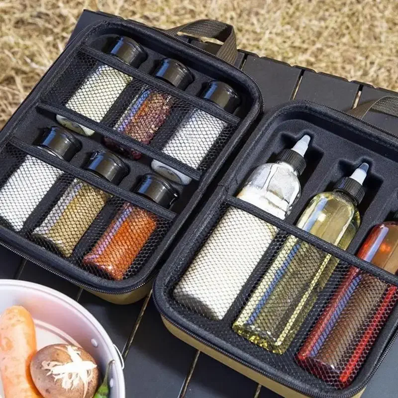 Camping Seasoning Bottle Set for Outdoor Cooking with EVA Carrying Case, Interior Mesh Retainers, Powder Bottle and Squeeze 87HA