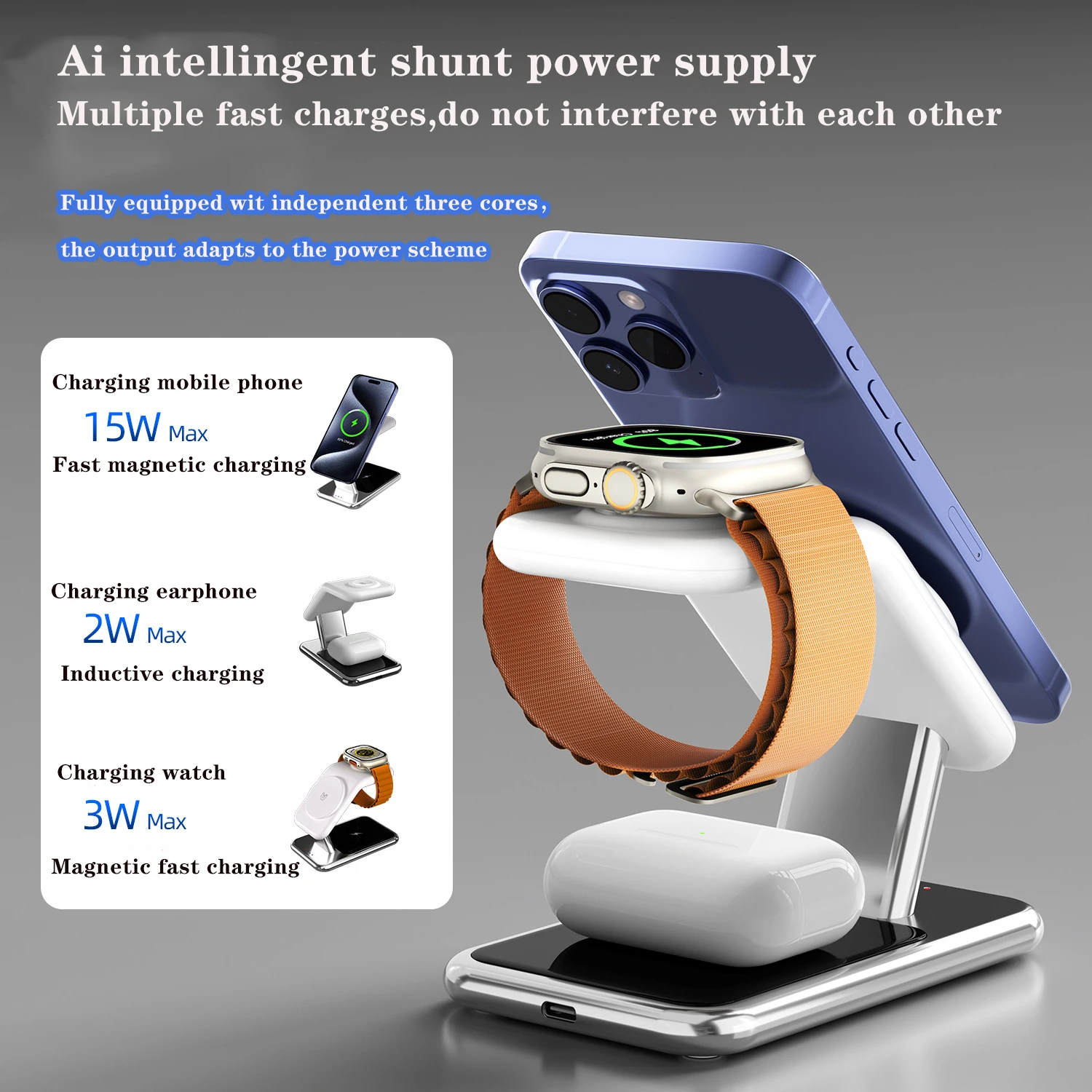 Магнитная подставка для беспроводного зарядного устройства 3 в 1, быстрая зарядка для iPhone 16 15 14 13 12 11 Pro Max Airpods Pro Apple Watch 9 8 7 Wireless