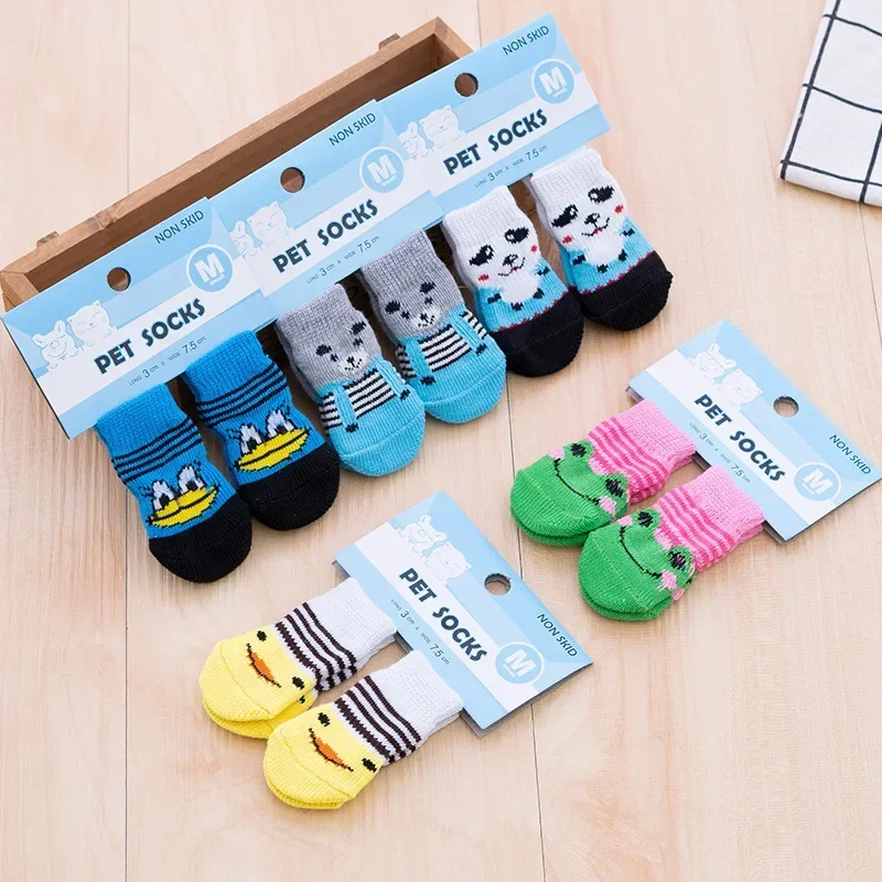 4 Pcs/set Cat and Puppy Shoes Of Cute Pet Dog Socks with Printed Non-slip To Protect and Prevent Dirt Warm Pet Puppy Socks