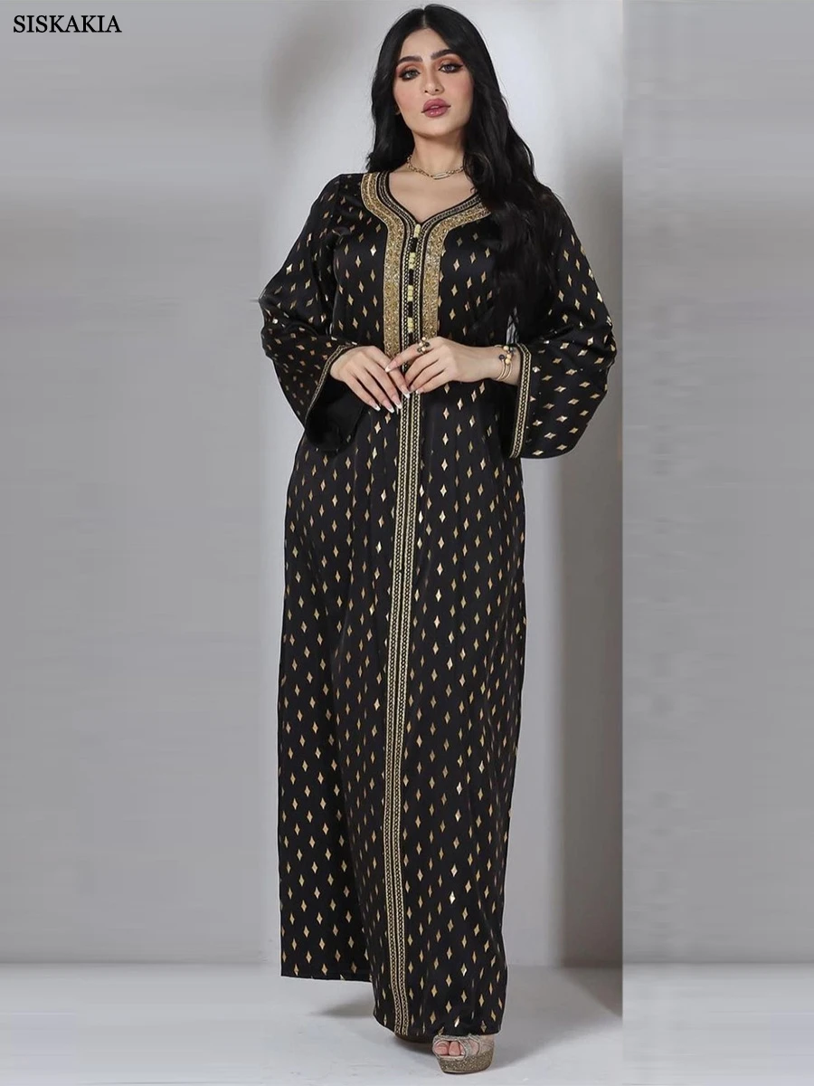 Siskakia Muslim Arab Female Loose Casual Retro Ethnic Printing Diamonds V-Neck Full Sleeve Clothing Abaya Women Dubai Long Dress