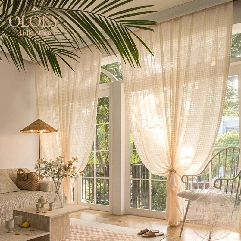

Занавеска для гостиной, хлопок и лен, французский кремовый прозрачный марлевый клетчатый волнистый свет, роскошный балкон, чайный домик, столовая, кабинет