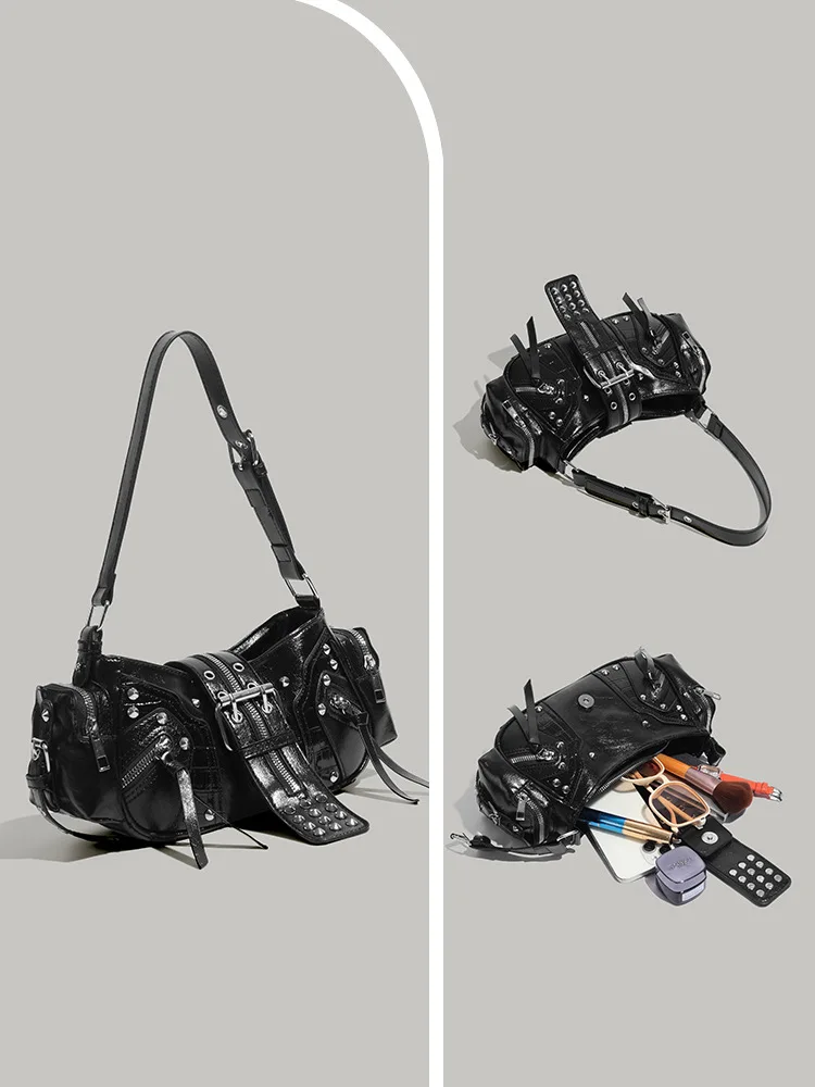 New European American Retro Fashion Handbag Niche Design Spice Girl  One Shoulder Commuter Diagonal Straddle Motorcycle Bag