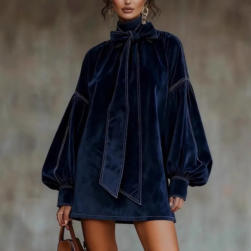 Retro elegante fluwelen mini-jurk hoge kraag lantaarn mouw vlinderdas lange mouw damesjurken casual high street feestjurk