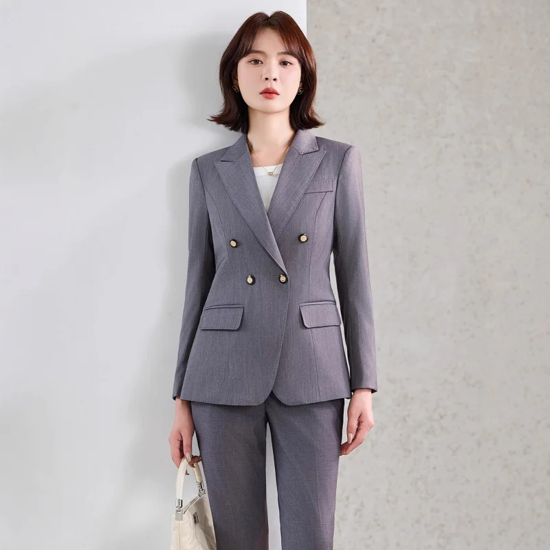 Gris à manches longues petit costume col veste femmes pantalon deux pièces ensemble automne hiver nouveau professionnel à la mode trajet