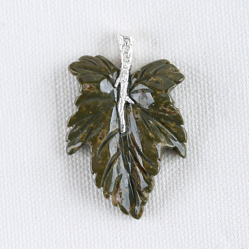 

Natural Gemstone Ocean Jasper Handcarved Leaf Pendant 925 Sterling Silver Necklace Accessories 47x30x7mm 9.6g