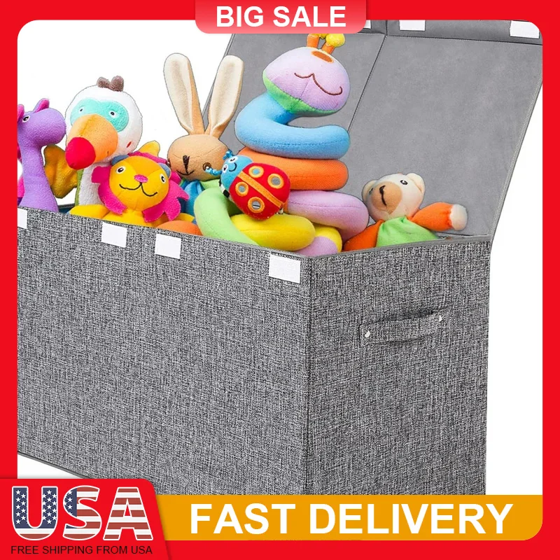 

Toy Storage Box with Lid Collapsible Foldable Dustproof for Kids Nursery Playroom Linen Rivet Reinforced Handle Multipurpose