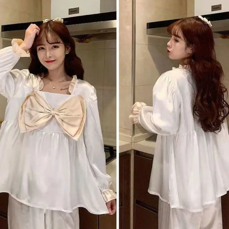 2024 Women Long Sleeve Ice Silk Pyjamas Thin Casual Nightdress Square Collar Big Bow Sleepwear Set Sweet Lacework Home Wear Set