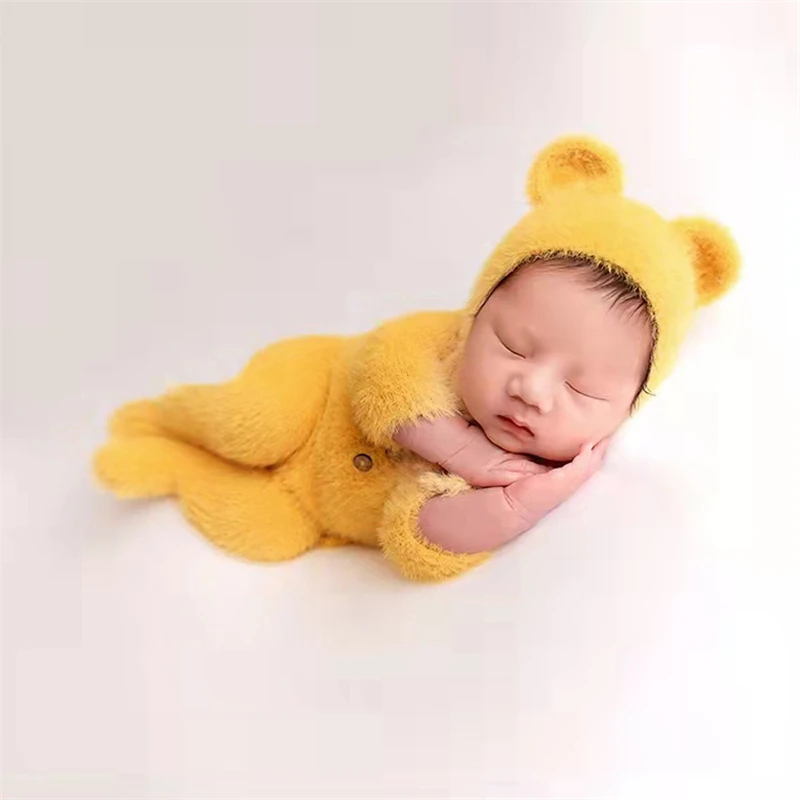 Furry Baby Bear Rompers Footed Jumpsuit Hat 2pcs Sets Mink Hair Infant Boy Girl Photography Clothing Costumes Photo Props