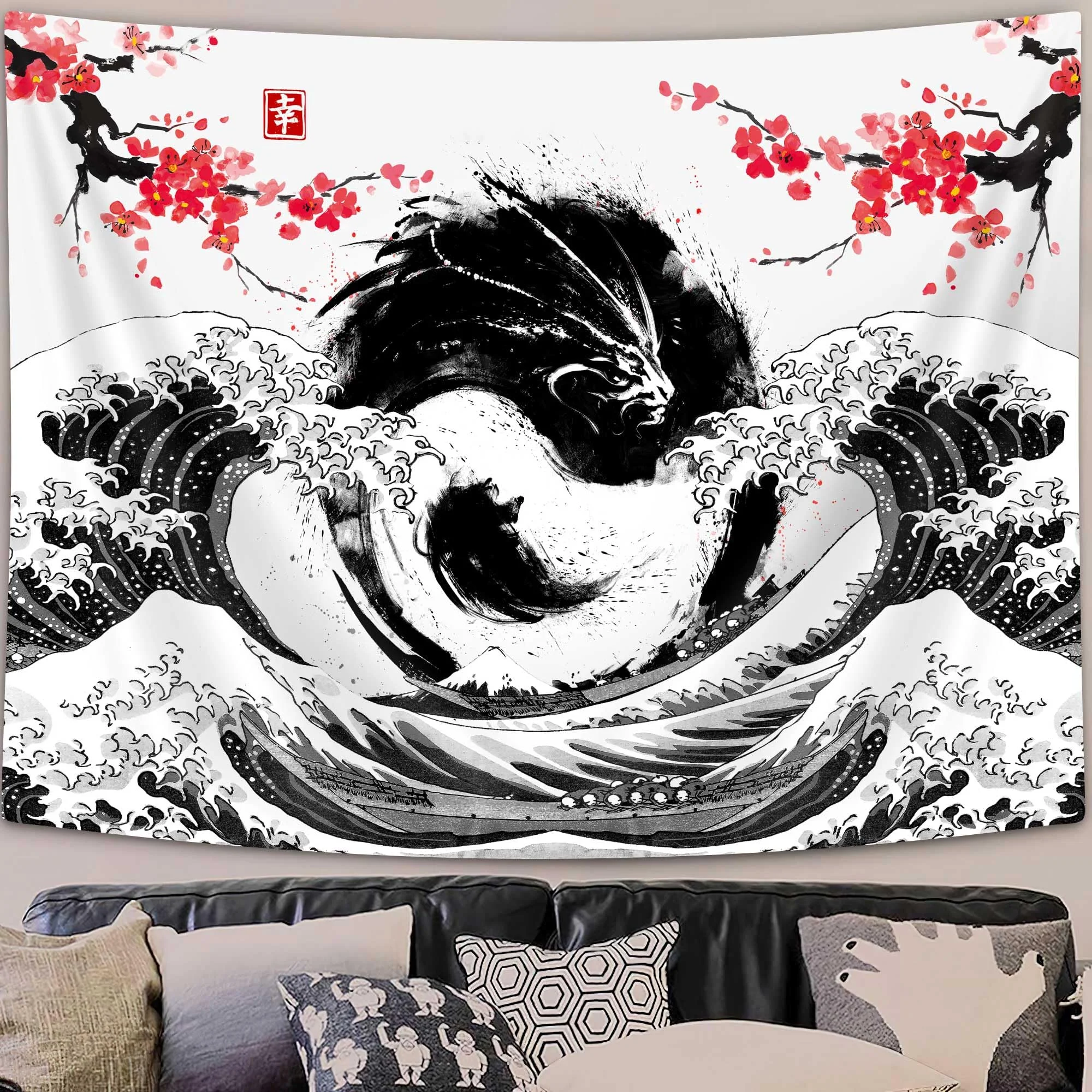 VIKAMA Yin-Yang Ink Dragon Pattern Ukiyo-e Tapestry Japanese-Style Tai Chi Waves Living Room Bedroom Wall Hanging Home Decor