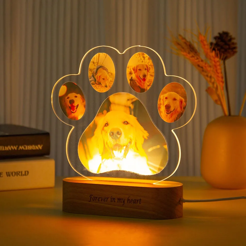 Custom Pet Birthday Photo Night Light Wooden Base LED Soft Light Pet First Birthday Memorial Gift Home Decoration